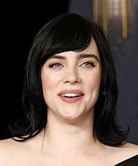 Billie Eilish Medium Straight   Black    Hairstyle with Side Swept Bangs