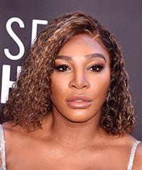Serena Williams Medium Curly Layered  Dark Brunette Bob  Haircut with Side Swept Bangs  and  Blonde Highlights- Visual Story