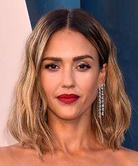 Jessica Alba Medium Wavy   Light Blonde and Dark Brunette Two-Tone Bob  Haircut