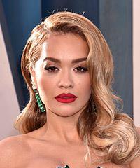 Rita Ora Long Wavy    Brunette   Hairstyle with Side Swept Bangs  and  Blonde Highlights- Visual Story
