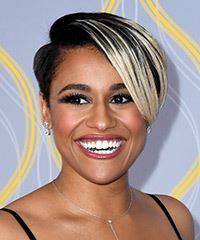 Ariana DeBose     Black  Pixie  Haircut with Side Swept Bangs  and Light Blonde Highlights
