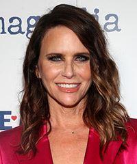 Amy Landecker Long Wavy   Dark Brunette   Hairstyle with Side Swept Bangs  and  Blonde Highlights- Visual Story