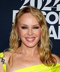 Kylie Minogue Simple And Elegant Hairstyle Long Wavy    Blonde   Hairstyle with Layered Bangs  and Light Blonde Highlights- Visual Story