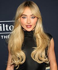 Sabrina Carpenter Long Blonde Hairstyle With Curtain Bangs- Visual Story
