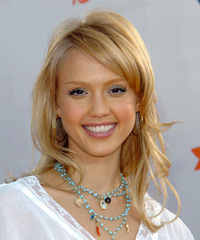 Jessica Alba Long Wavy    Blonde   Hairstyle with Side Swept Bangs - Visual Story