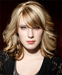 Medium Wavy    Champagne Blonde   Hairstyle with Side Swept Bangs  and  Brunette Highlights- Visual Story