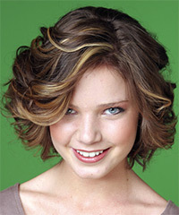 Medium Wavy    Mocha Brunette   Hairstyle with Side Swept Bangs  and  Blonde Highlights- Visual Story