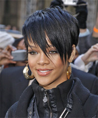 Rihanna Short Straight   Black    Hairstyle with Side Swept Bangs - Visual Story