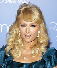 Paris Hilton  Long Curly   Light Golden Blonde  Half Up Hairstyle with Side Swept Bangs - Visual Story