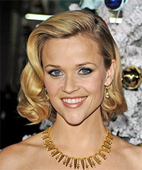 Reese Witherspoon Medium Wavy    Golden Blonde Bob  Haircut   with Light Blonde Highlights- Visual Story