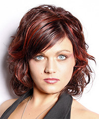  Medium Wavy   Dark Red   Hairstyle with Side Swept Bangs - Visual Story