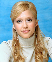 Jessica Alba  Long Curly    Half Up Hairstyle with Side Swept Bangs - Visual Story